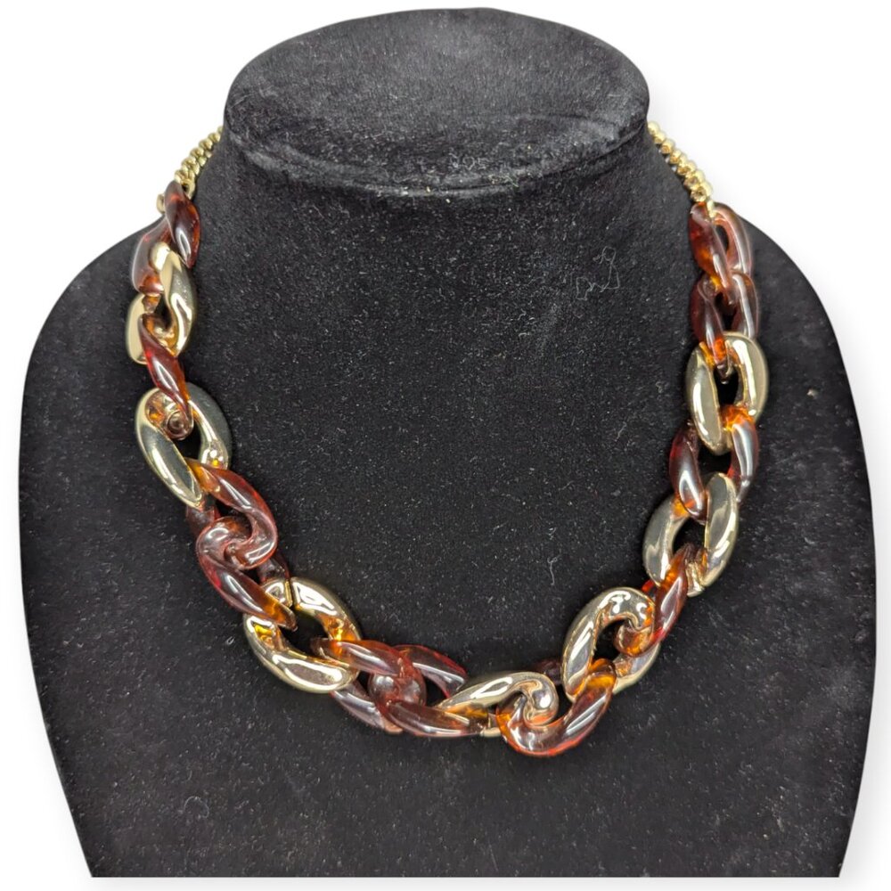 Vintage Signed J Crew Tortoise Chain Necklace w/Lobster Claw Clasp